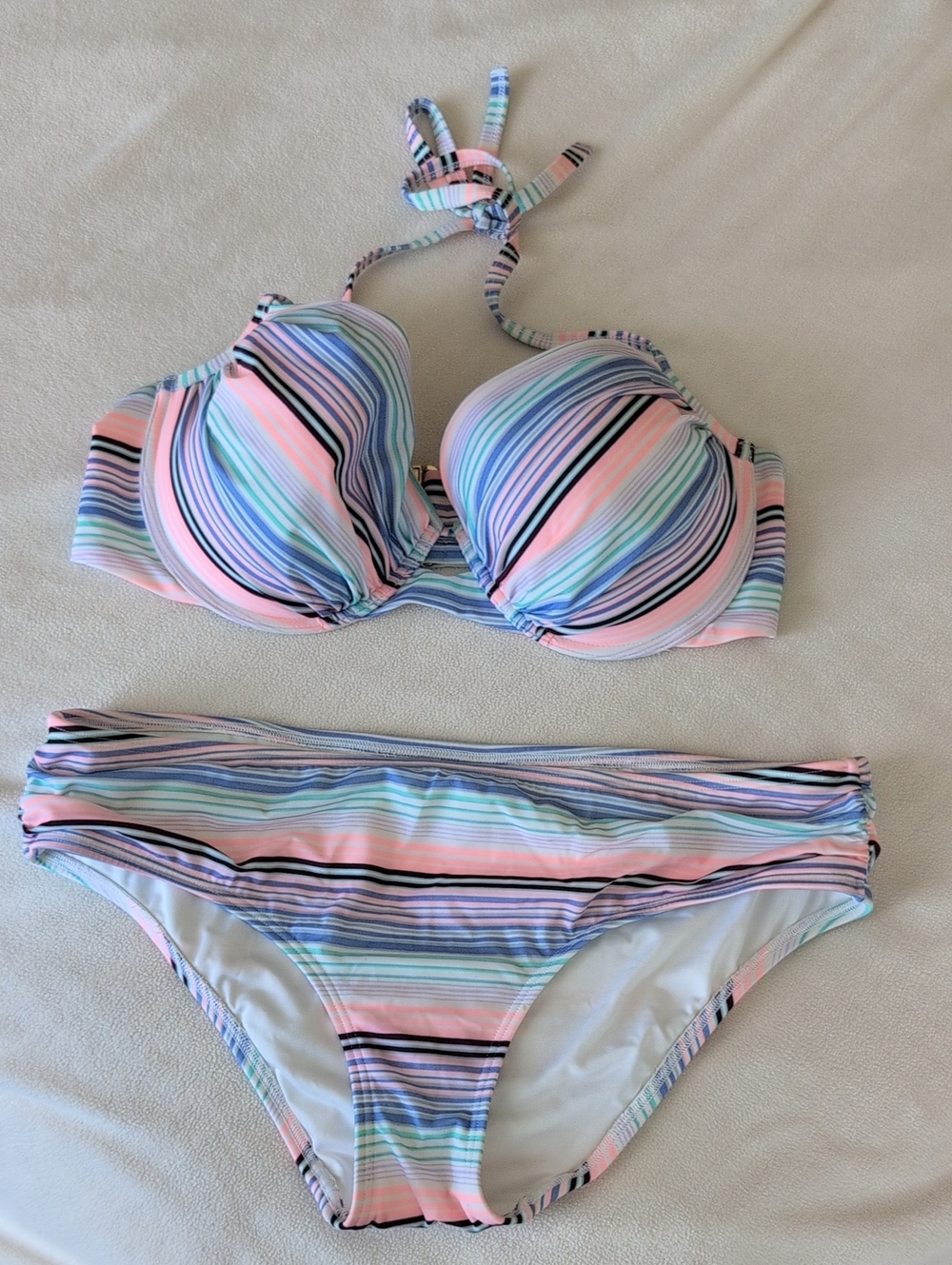VS - Striped Pastel Bikini Swimsuit - 36DD Top L Bottom
